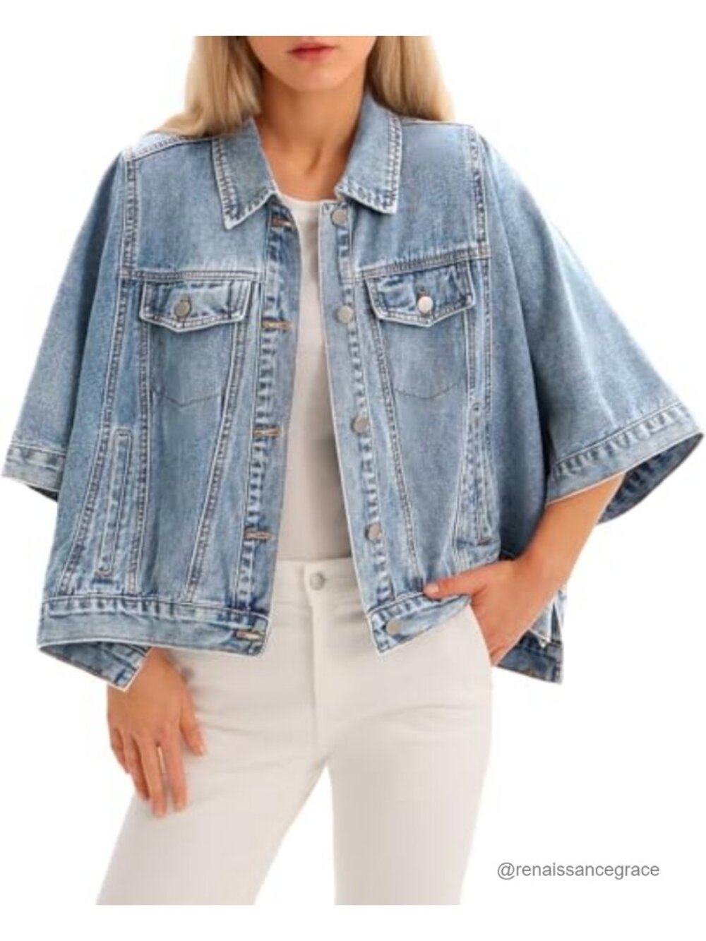 Oversized Cropped Denim Cape Jacket Cotton Blend